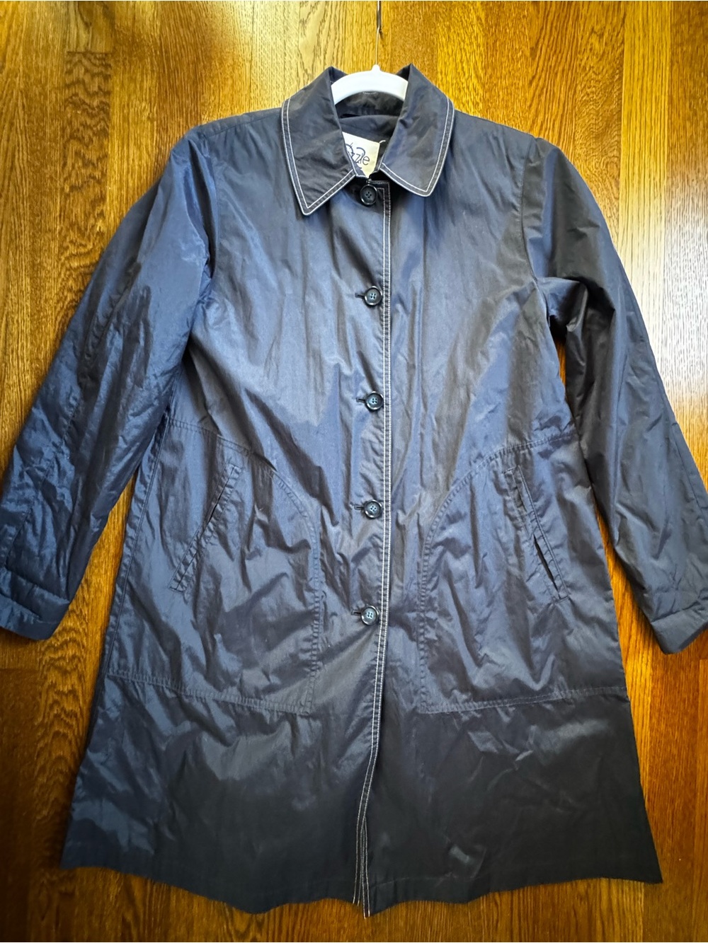 Women's Navy Button-Down Trench Coat with Contrast Stitching